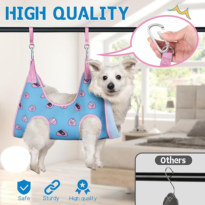 Supet Dog Grooming Hammock Harness for Dogs Cats, Relaxation Pet Nail Clipper Hammock, Restraint Dog & Small Animal Leashes Sling for Groomingk for Nail Trimming (Blue-Love, S)