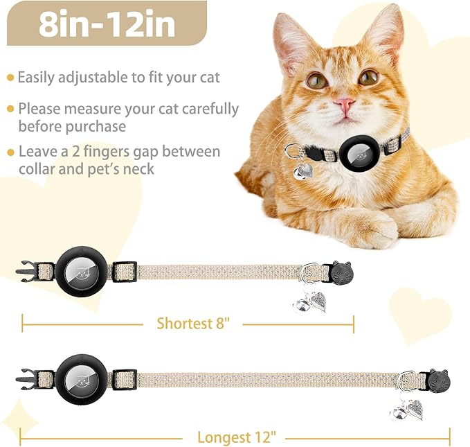 PUPTECK Airtag Cat Collar Breakaway 2 Pack with Bells, Reflective Kitten Collar with Air Tag Holder for Boy Girl Kitty and Puppies, Soft, Black & Beige