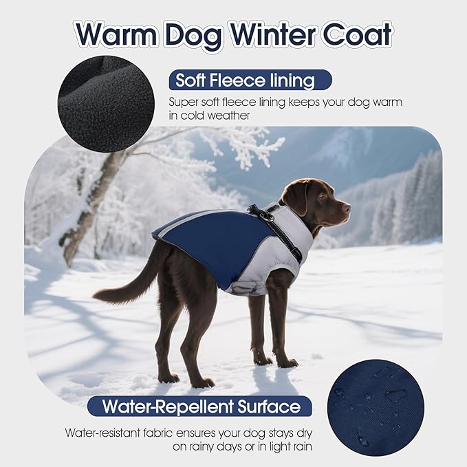DENTRUN Dog Coat with Harness Built in, Easy On/Off Zipper Closure Winter Dog Vest, Water-Repellent Fleece Lined Warm Jacket with Reflective for Small Dogs, Dark Blue, S