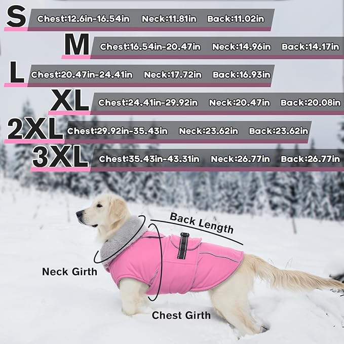 Lelepet Warm Dog Coats for Extra Large Dogs Waterproof Dog Winter Jacket Reflective Pet Fleece Vest Windproof Cold Weather Coats with Adjustable Buckle & Leash Hole, Pink, XXXL