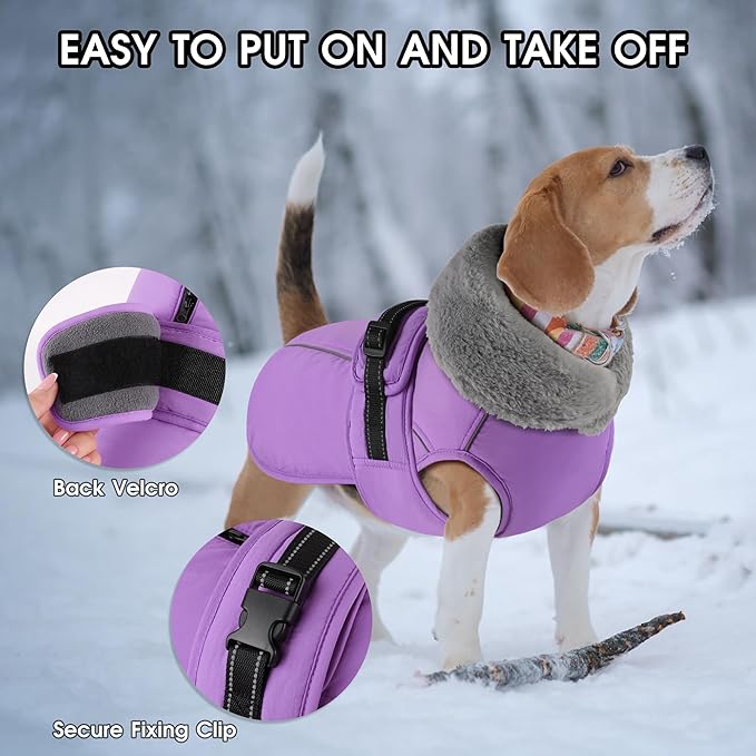 PETDSH Dog Coat Large, Windproof Dog Jacket with Warm Fleece Lining, Thickened Collar Dogs Winter Coat, Adjustable Reflective Pet Coats for Cold Weather (Purple, Large)
