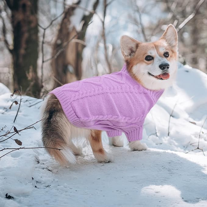 Queenmore Small Dog Pullover Sweater, Cold Weather Cable Knitwear, Classic Turtleneck Thick Warm Clothes for Chihuahua, Bulldog, Dachshund, Pug (Lilac, X-Small)