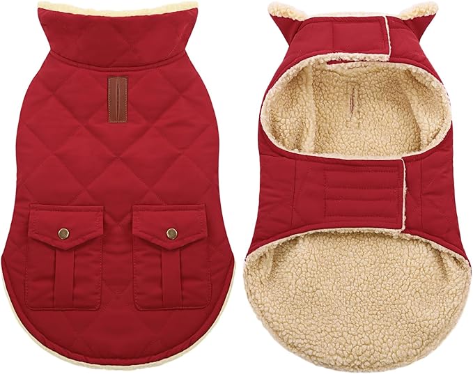 ASENKU Warm Dog Winter Coat, Waterproof Dog Coat for Cold Weather, Fleece Dogs Jacket with Ultra Thick Plush Lining Leash Hole Storage Pockets for Small Dogs (Red, Small)