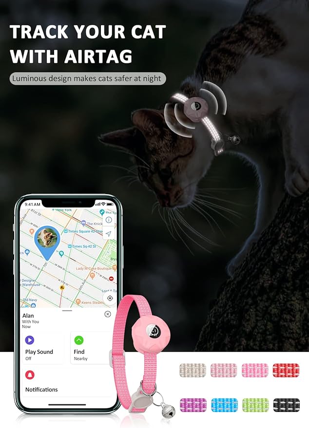 Apple AirTag Cat Collar, GPS Tracker Kitten Collar with Reflective Breakaway Holder and Bell, Lightweight for Cats & Kittens (Pink)