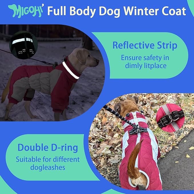 MIGOHI Full Body Dog Coat - Warm Reflective Winter Coat for Medium Dogs with Harness,Turtleneck Dog Fleece Jacket,Four-Leg Windproof Puffer Jackets Snowsuit with Zipper for Small Medium Large Dogs,L