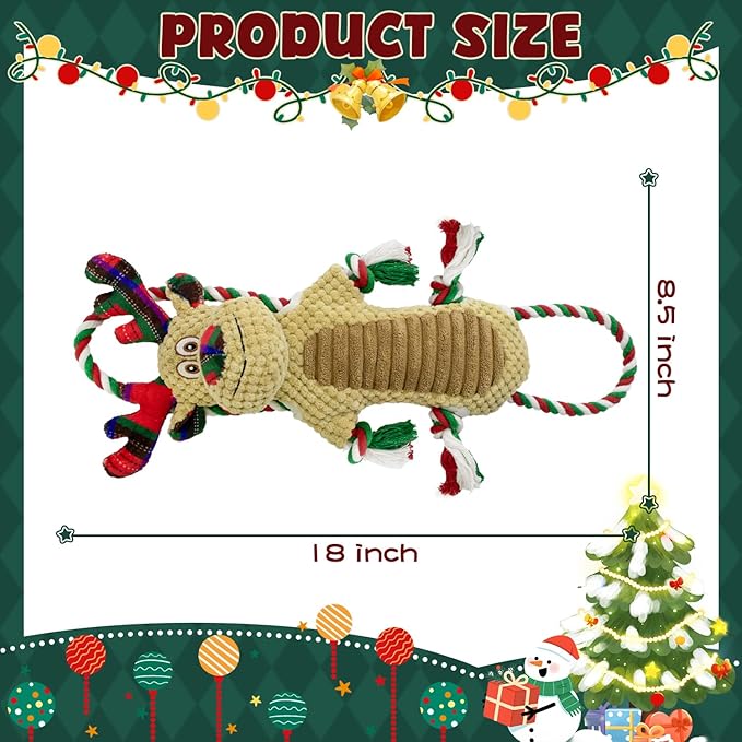 Christmas Squeaky Reindeer Dog Toys- Rope Tug of War Dog Toy for Puppy- Keep Them Busy and Entertained- Chew Toys for Medium & Large Breeds