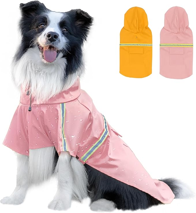 Dog Raincoat, Waterproof Windproof Dog Rain Jacket Adjustable, Rain Coat with Leash Hole, Reflective Strap Raincoat Poncho for Small Medium Large Dogs Outdoor (Reflection-Pink, Large)