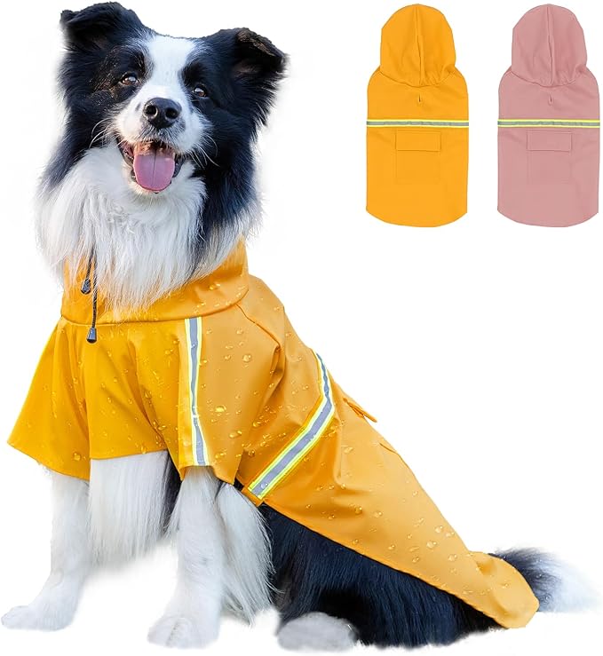Dog Raincoat, Waterproof Windproof Dog Rain Jacket Adjustable, Rain Coat with Leash Hole, Reflective Strap Raincoat Poncho for Small Medium Large Dogs Outdoor (Reflection-Yellow, Medium)