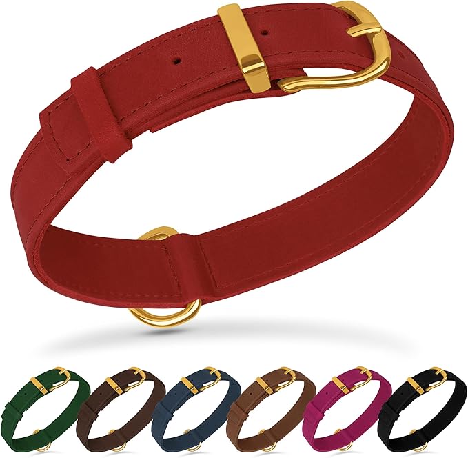 Leather Dog Collar - Heavy Duty Adjustable Soft Padded Pet Collars for Small Medium Large Dogs Breed - Black Green Brown Pink Red Blue (Red, XL, 19"-24" Neck Fit)