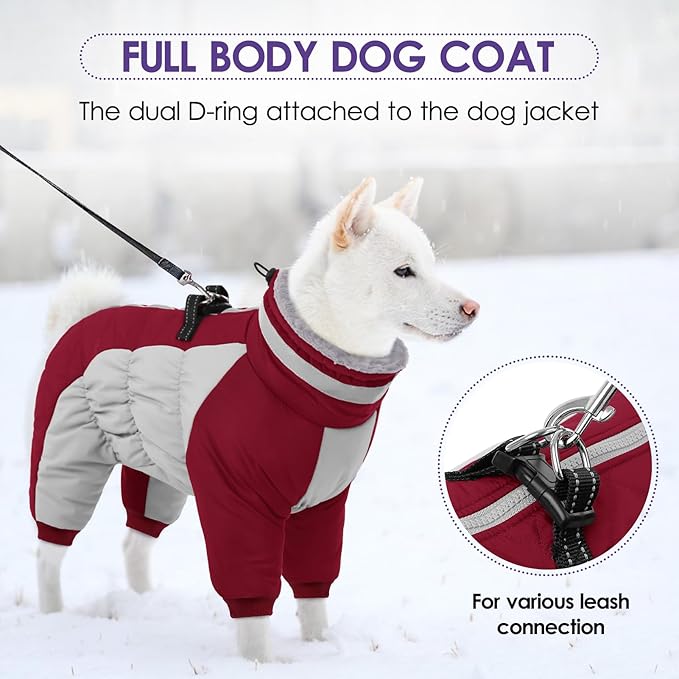 SUNFURA Full Body Dog Coat - Warm Fleece Jacket for Small Dogs, Turtleneck Winter Coats with Harness, Reflective Dog Snowsuit Windproof Puffer Jackets with Legs for Pug, Jack Russel, Burgundy S