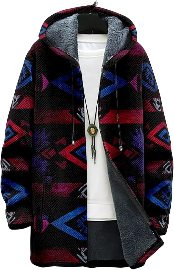 Mens Aztec Print Hoodie Heavyweight Cotton Fleece Jacket Zip Up Warm Long Sleeve Hooded Winter Midi Coat