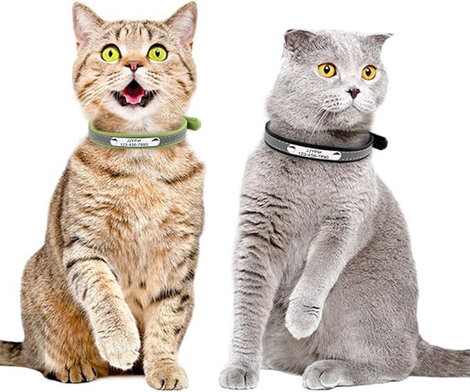 Personalized Reflective Cat Collars with Name Tag and Plated,Engraved Custom Cat Collar with Name and Phone,Kitten Collar with Safety Buckle Adjustable for Cats and Kitten(Black)