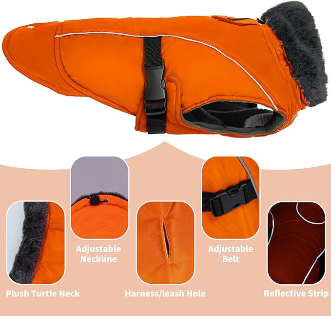 DENTRUN Extra Large Warm Dog Jacket - Windproof Water Repellent Reflective Coat, Adjustable Plush Turtleneck, Easy Wear Fleece Lined Cold Weather Vest for Great Dane, Orange, XXXL