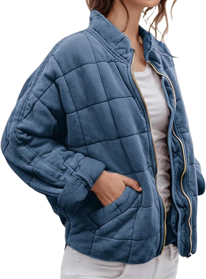 LIZALIG Warm Padded Coat for Women Full Zip Quilted Jackets Winter Oversized Causal Solid Color Stand Collar Pockets Coat