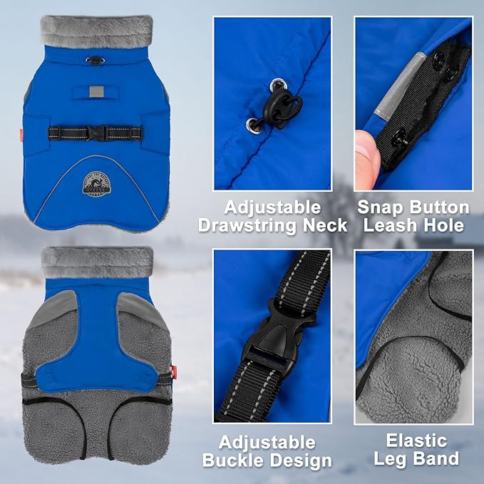 KYEESE Waterproof Dog Coat, Warm Windproof Jacket, Turtleneck Winter Dog Coats for Small Dogs with Leash Hole, Reflective Pet Clothes & Outdoor Apparel, Thick Fleece-Lined Winter Jacket, Blue, Large