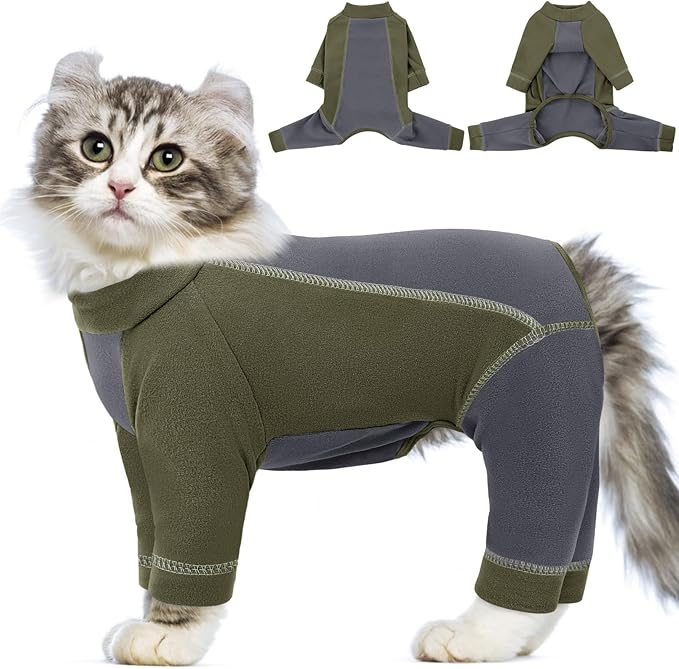 SUNFURA Hair Sticky Cat Clothes, Cat Sweater for Cats Only, 4-Legged Fleece Sweaters Kitten Pajamas Reduce Shedding Fur, Warm Pullover Shirts for Cats, Army Green XL