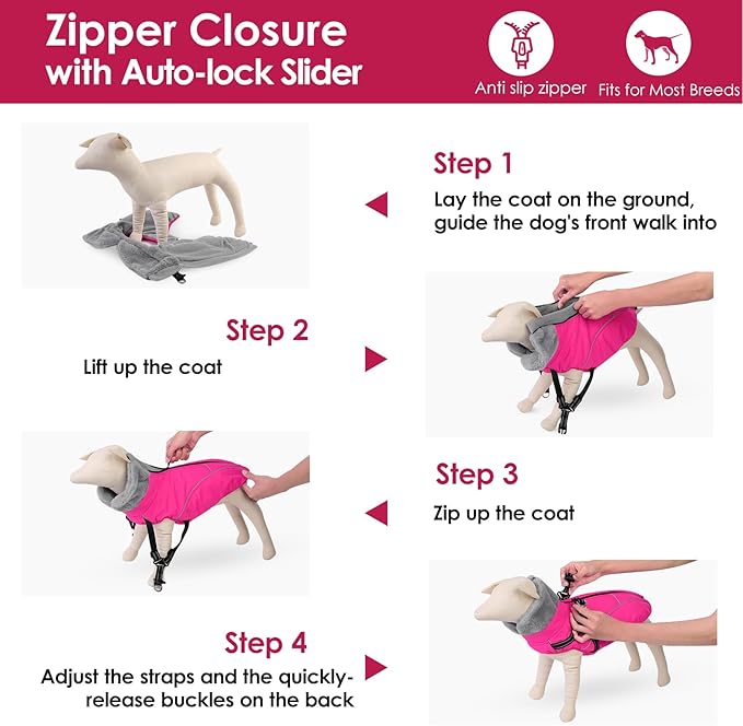 AOFITEE Dog Winter Coat, Waterproof Dog Jacket with Harness Built in, Warm Fleece Dogs Coats for Medium Dogs, Reflective Cozy Thermal Pet Puffer Jacket Snowsuit with Zipper & Furry Collar, Pink M