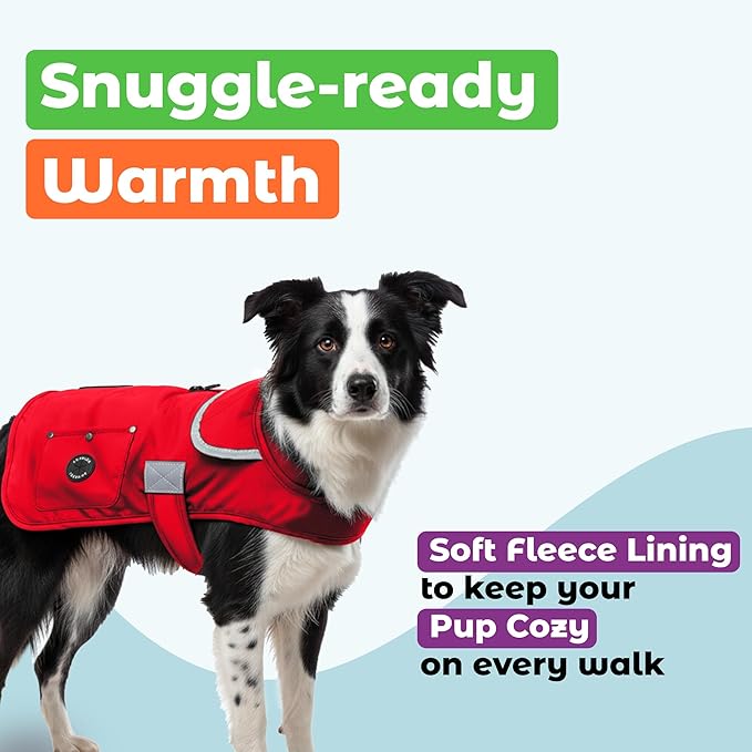 Joyride Harness FrostFlex Dog Winter Jacket - Fleece Lined & Water-Resistant - Snowsuit with Pockets for Treats & Poop Bags - Durable Cold Weather Dog Coat - Red Rush-XS
