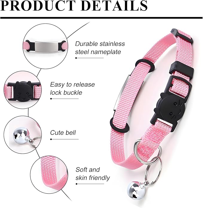 Personalized Kitten Cat Collar with Silent Slide On Silicone Name Tag | Adjustable and Durable Nylon Collar with Bell | Custom Laser Engraved Pet Name | Phone Number | Suitable for Kitten Cat