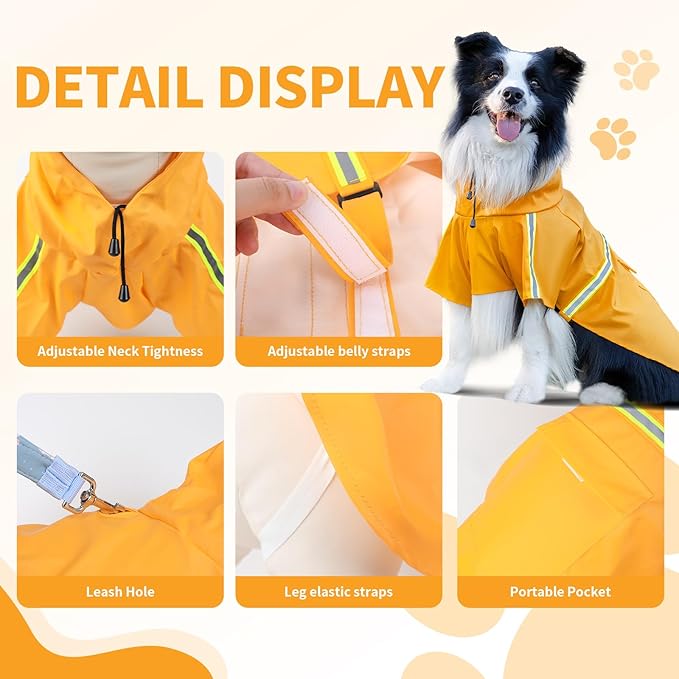 Dog Raincoat, Waterproof Windproof Dog Rain Jacket Adjustable, Rain Coat with Leash Hole, Reflective Strap Raincoat Poncho for Small Medium Large Dogs Outdoor (Reflection-Yellow, Large)