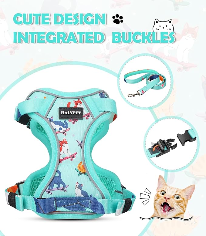 Halypet Cat Harness and Leash Set[MAX Safety 4th-Gen] Cute Escape Proof Vest Harness for Girl&Boy Cat Walking, Comfortable Adjustable Leash and Reflective Strips for Outdoor Kitten, M Purrfect Green