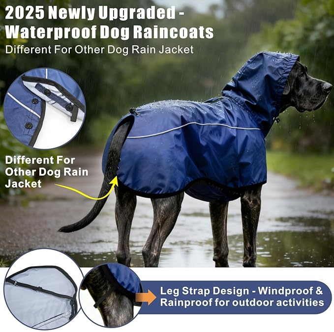 Mosucoirl Dog Raincoat Jacket Reflective Adjustable Hooded Pet Poncho Rain Coats with Leash Hole Waterproof Clothes for Small Medium Large Dogs (NavyBlue, M)