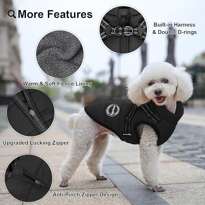 Warm Winter Coat, Waterproof Windproof Jacket, Reflective & Adjustable Black Pet Vest with Harness, Thick Polar Fleece Lining Cozy Apparel for Small Medium Dogs & Cats