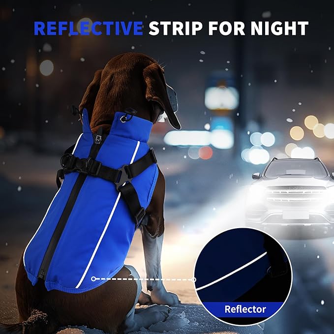 Dog Winter Coat Reflective Water-Resistant Jacket, Fleece Lined Windproof Puppy Coat with Back Zipper & D-Ring, Cold Weather Dog Coats for Small Medium Large Dogs (L, Blue)