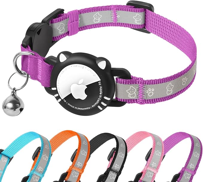 Airtag Cat Collar, Reflective Cat Collar with Apple Air Tag Holder, Breakaway GPS Tracker Pet Collar with Bell for Cat Kitten, Airtag Not Included, Purple, S(9-11 Inch)