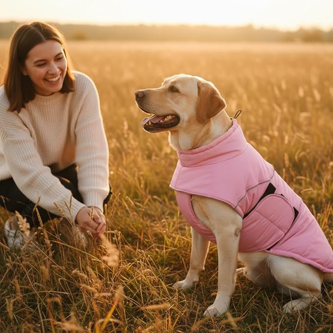 ASENKU Extra Warm Dog Coat - Winter Jacket with Fleece, Reflective, Adjustable, Zippered Leash Hole for Large Dogs, Turtleneck (Pink, 3XL)