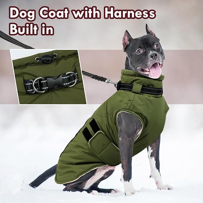 Dog Jackets for Large Dogs, Waterproof Winter Coat with Harness Built-in, Reflective Adjustable Hook&Loop Snowsuit, Warm Cold Weather Coats for Big Dogs Great Dane Doberamn, XXXXL Green