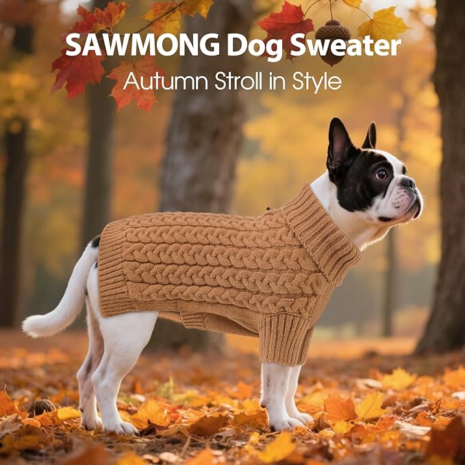 SAWMONG Dog Sweater, Dog Sweaters for Medium Dogs Girls Boys, Pullover Turtleneck Knitted Doggy Sweatshirt, Cold Weather Pet Clothes（Khaki, Medium