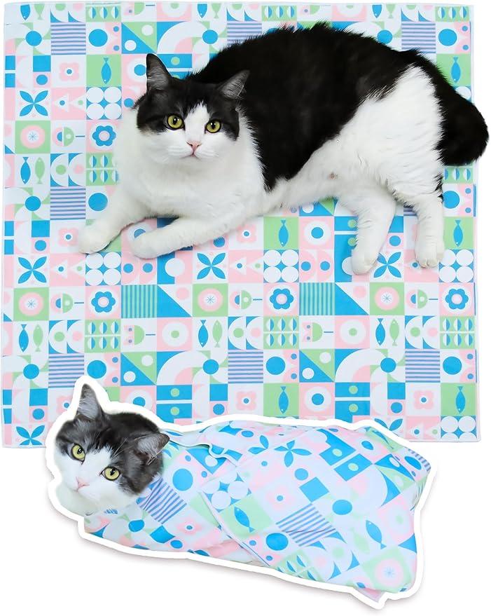 Cat Grooming Wrap for Cutting Nails, 27.6" Anti-Escape Calming Cat Swaddle Wrap for Medicine, Nail Clipping, Teeth Brushing, Ear Cleaning, Self-Adherent Burrito Restraint, (Geometric Fish, L)