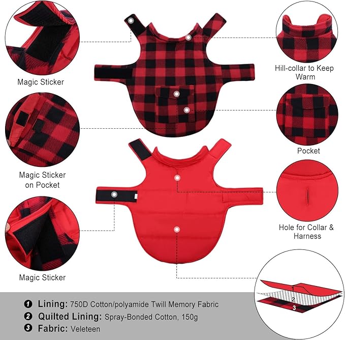 ASENKU Dog Winter Coat, Fleece Doggie Jacket Plaid Reversible Vest Waterproof Windproof Cold Weather Clothes for Small Medium Large Dogs(Red XXXL)
