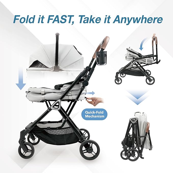 ibiyaya Tinker Pet Stroller for Small Dogs and Cats – 3-in-1 Pet Carrier, Dual-Opening Canopy, No-Flat Wheels, Vegan Leather Handle, Large Storage Basket (Silver Gray)