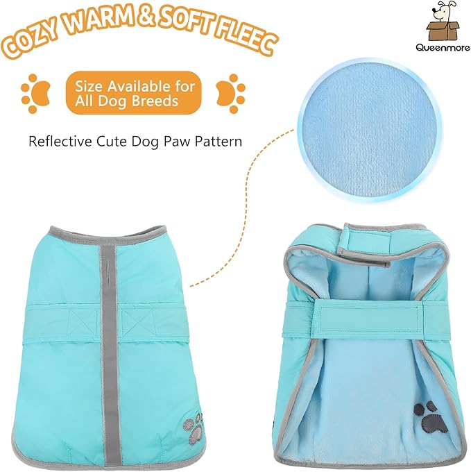 Queenmore Dog Winter Coat, Fleece Puffer Dog Down Vest, Cold Weather Pet Jacket for Dogs, Waterproof Reflective Reversible Dog Sweater Clothes for Small, Medium and Large Dogs (Light Blue, L)