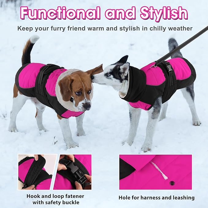 Dogcheer Waterproof Dog Coat, Christmas Dog Winter Jacket, Adjustable Puppy Fleece Coat for Cold Weather, Reflective Turtleneck Snow Jacket for Small Medium Large Dogs - Pink, S