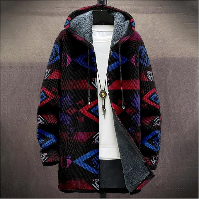 Mens Aztec Print Hoodie Heavyweight Cotton Fleece Jacket Zip Up Warm Long Sleeve Hooded Winter Midi Coat
