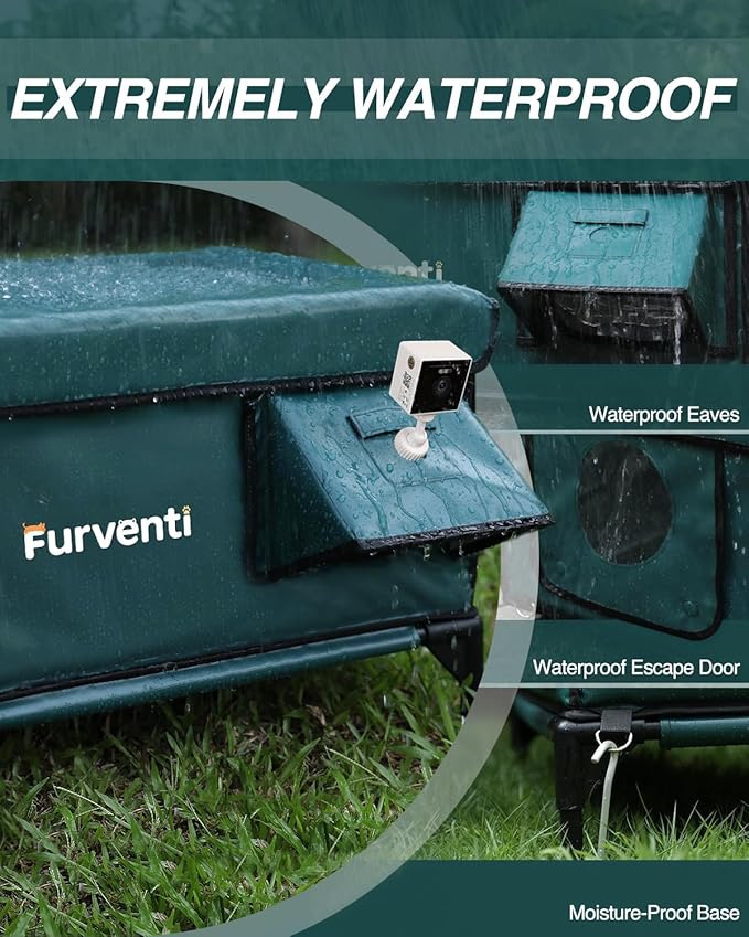 Outdoor Heated Cat House in Winter,Extremely Insulated & Weatherproof,Elevated Feral Cat Shelter with Waterproof Eaves & Escape Door for Outside Stray Barn Cat (Dark Green, L with Cam)