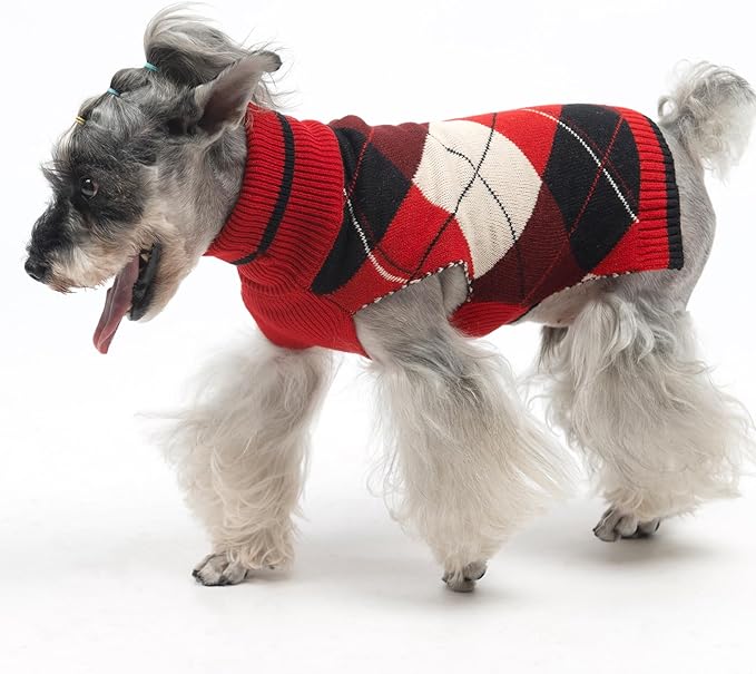 KOOLTAIL Dog Sweater - Thick Warm Plaid Pullover Turtleneck Fleece Dog, Cat, Puppy Christmas Sweater with Leash Hole - Red - S, M, L