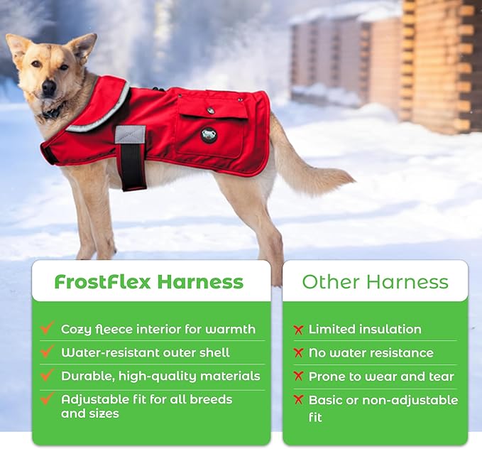 Joyride Harness FrostFlex Dog Winter Jacket - Fleece Lined & Water-Resistant - Snowsuit with Pockets for Treats & Poop Bags - Durable Cold Weather Dog Coat - Red Rush-S