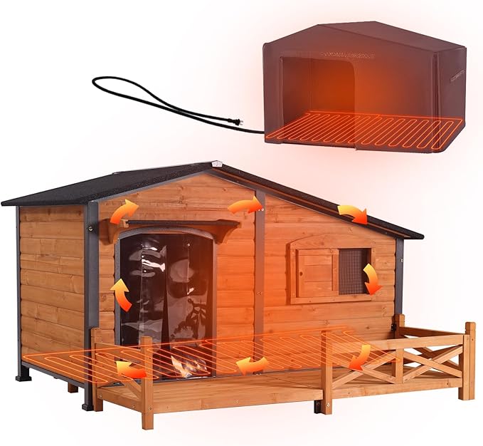 GUTINNEEN Extra Large 60" Heated Dog House Outdoor Insulated Dog Kennel with Safe Heated Pad, Chew-Proof Metal Frame and Insulated Liner for Large Dog Breeds, 60.37" L x 50.36" W x 35.43" H (Brown)