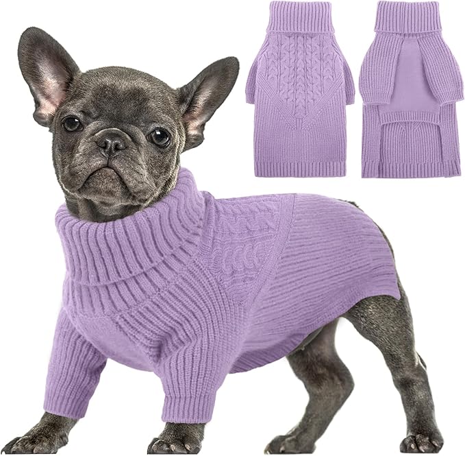 Queenmore Dog Sweater, Puppy Sweater for Small Dogs,Warm Winter Fall Dog Sweaters for Dog Girls Boys, Solid Turtleneck Knit Sweater for Large Medium Dogs,Long Sleeves Christmas Dog Sweater Lilac,S