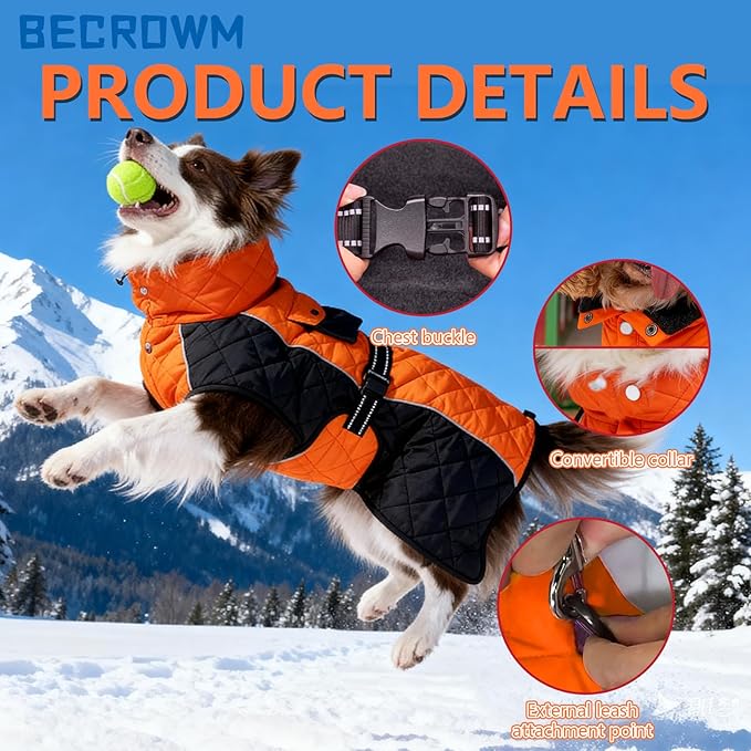 Dog Coat Dogs Winter Coat- Fleece Lined,Water-Resistant,Convertible Collar,Back Reflective Strip&Easy to Wear for Outdoor Walking Dog-Jacket(Orange, XXX-Large)
