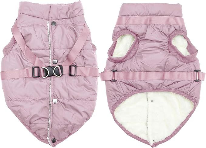 Dog Jacket with Harness,Fleece Lined Warm Puppy Coat for Winter,Soft Windproof Large Dog Vest,Light Pink XXXL