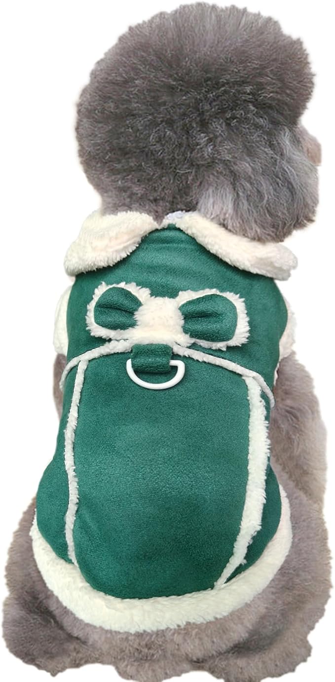 Jecikelon Bowtie Dog Cold Weather Coat Fleece Lining Warm Pet Puppy Turtleneck Dogs Winter Clothes for Small Dogs with D-Ring (Green, Small)