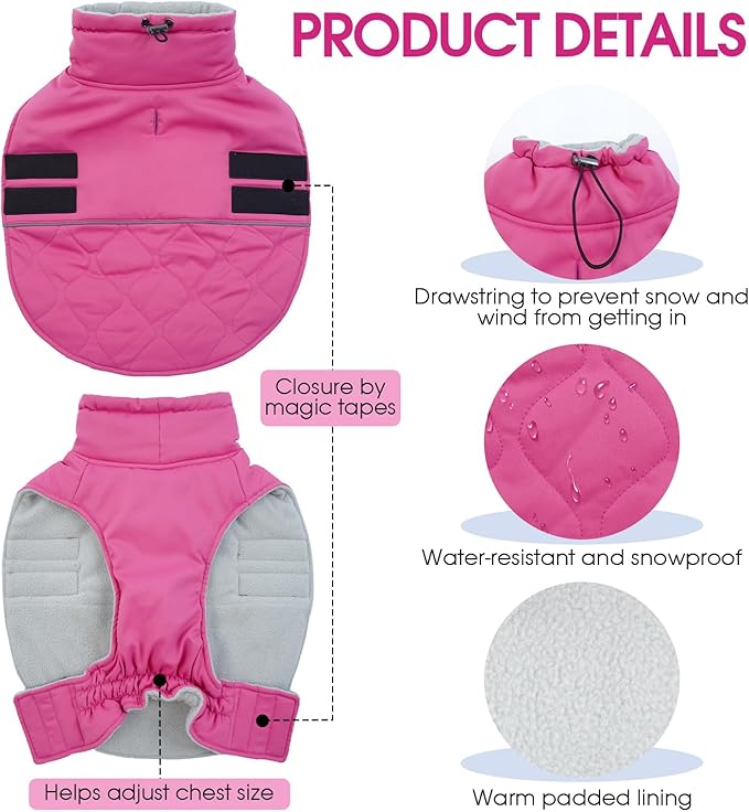 FUAMEY Winter Warm Coat, Fleece Turtleneck Jacket, Thick Waterproof Windproof Cold Weather Coat, Snowsuit Vest for Small to Large Dogs
