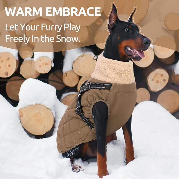 Queenmore Dog Jackets for Large Dogs, Dog Coat with Harness Built-in, Thick Fleece Lining Waterproof Jacket for Large Breeds, Back Zipper Pet Winter Jacket for Retriever, Labrador, Brown XL