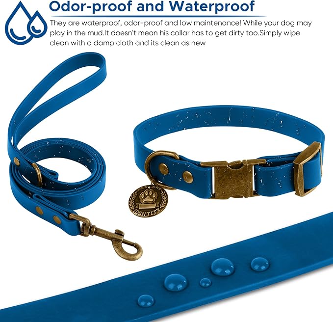 Wisedog Dog Collar and Leash Set, Waterproof Adjustable Puppy Collars with Cute Tag 6FT Dog Leash with Poop Bag for Small Medium Large Dogs (M, Blue)