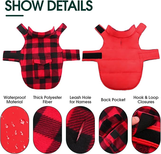 Kuoser Dog Winter Coat, Windproof Dog Fleece Jacket British Style Plaid Cold Weather Doggie Vest Coats, Reversible Cozy Warm Pet Clothes Apparel for Large Size Dogs XL